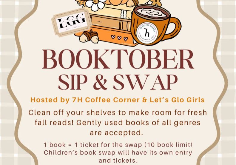 Booktober Sip and Swap event flyer with pumpkin and books