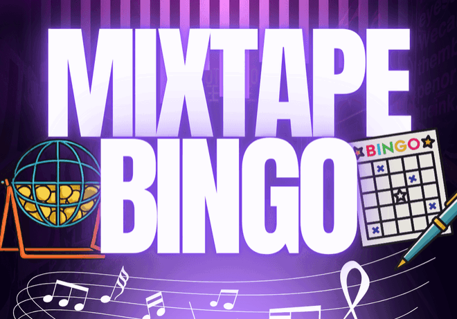 Mixtape Bingo graphic with musical notes and cards