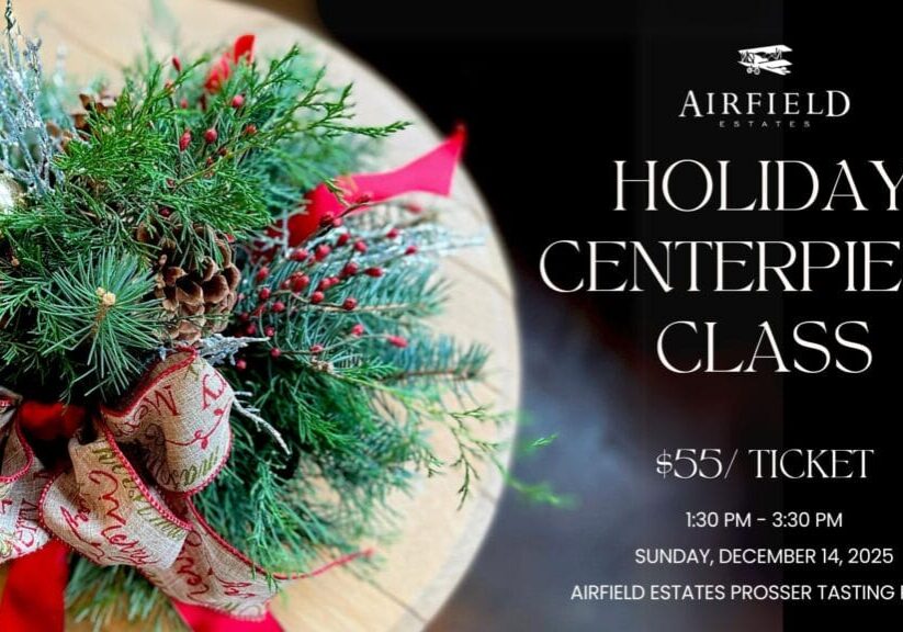 Holiday centerpiece class flyer with festive greenery.