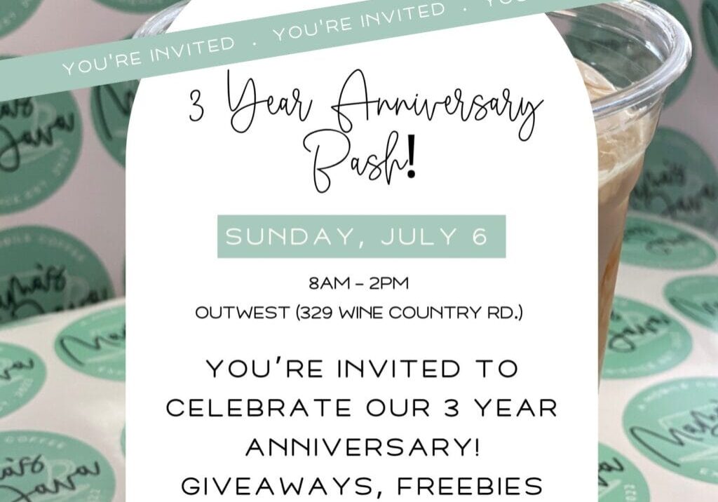 Invitation to 3-year anniversary bash with specials.