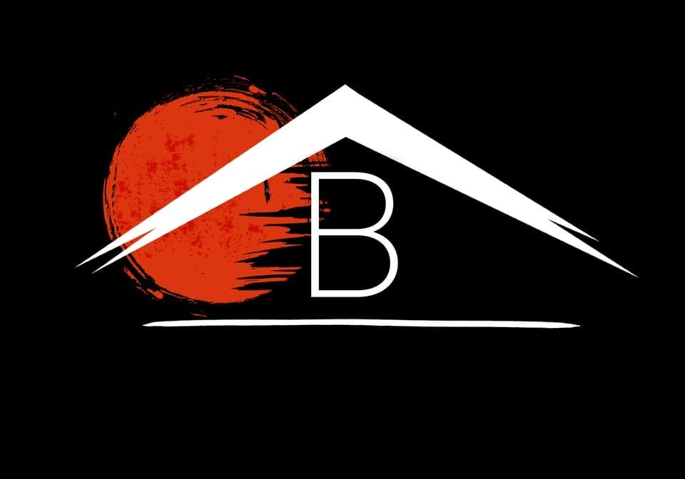 Stylized B with red circle, roof shape above.