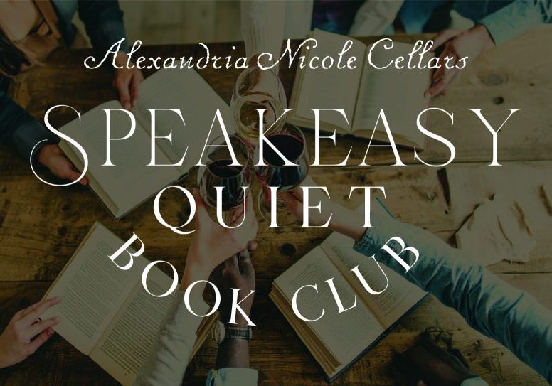 Speakeasy Quiet Book Club title over readers and wine