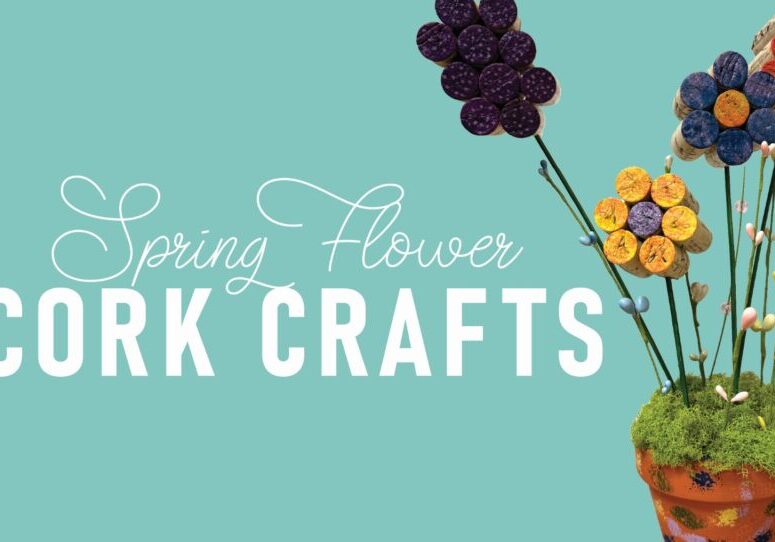 Colorful cork flower crafts in a pot.