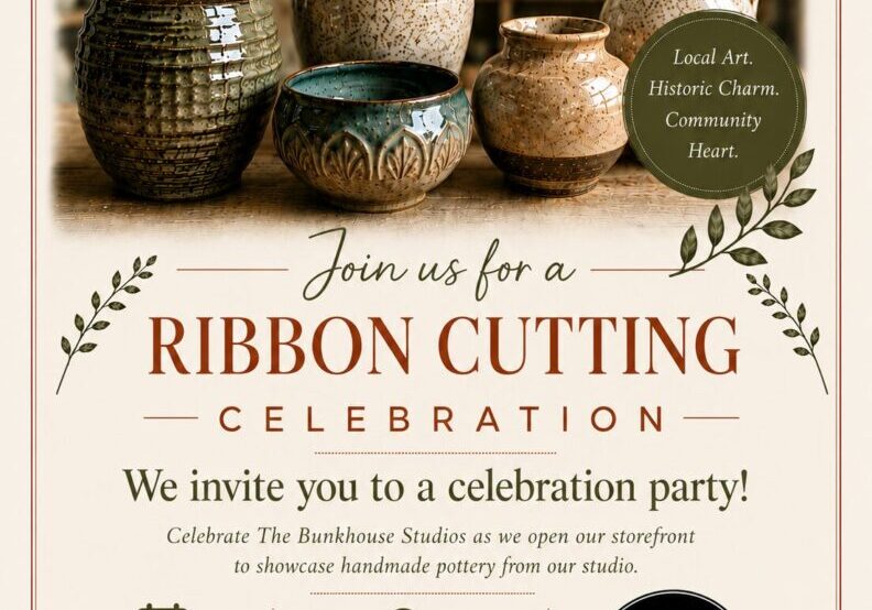 Pottery studio ribbon cutting invitation with ceramic vases