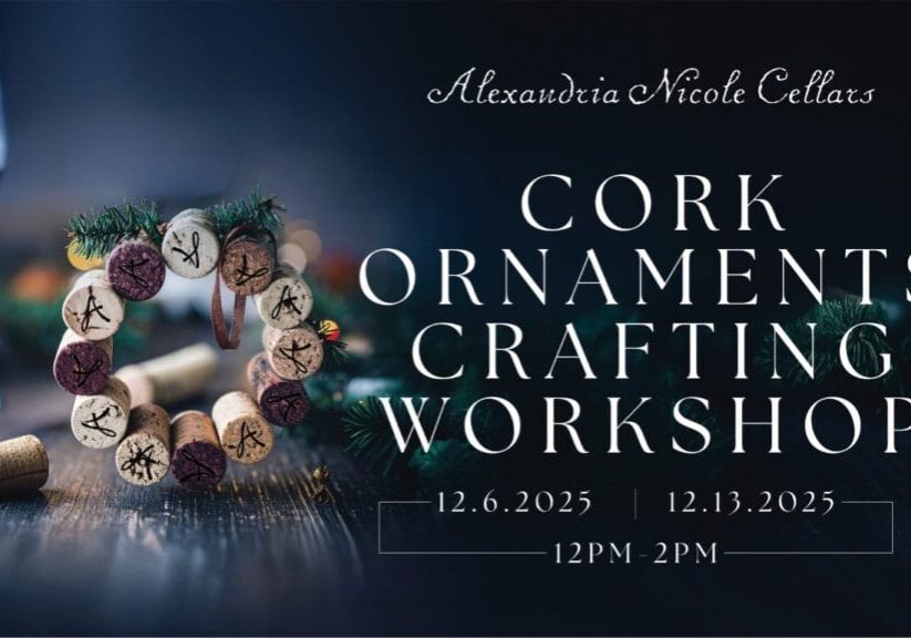 Wine cork crafting workshop poster with dates.