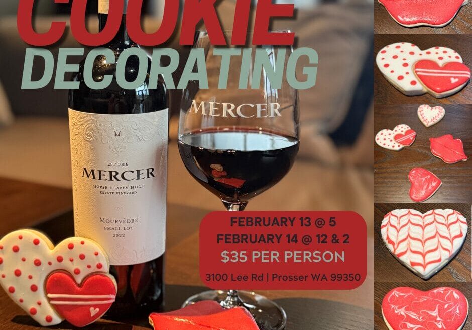Cookie decorating event with wine and heart cookies.