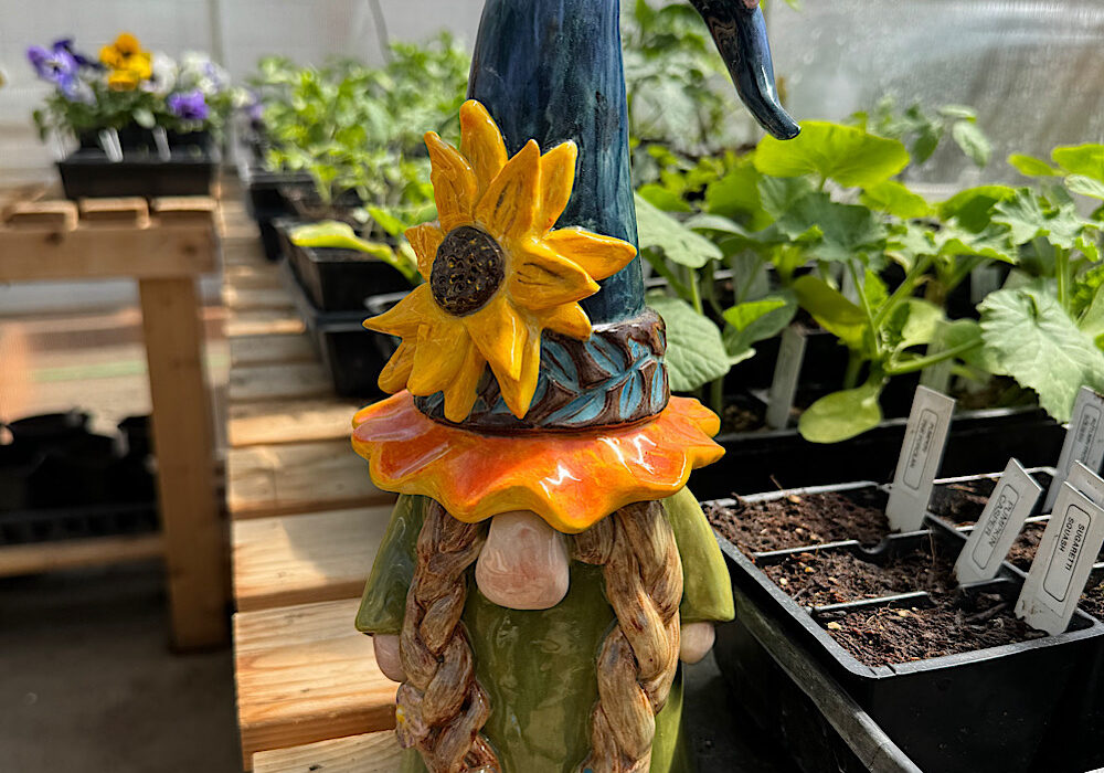 Ceramic gnome with sunflower hat in greenhouse.