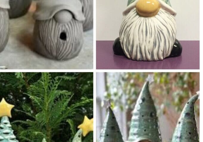 Handcrafted ceramic gnomes and Christmas tree decorations.