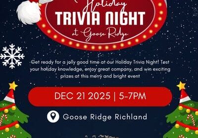 Holiday trivia night event flyer with Christmas theme.