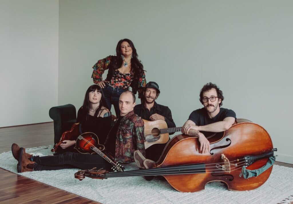 Five musicians posing with acoustic instruments indoors
