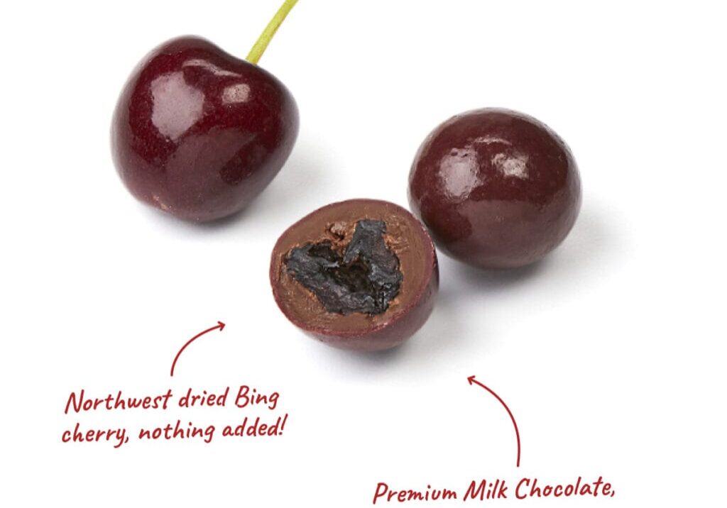 Dried Bing cherries with milk chocolate coating.