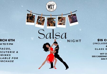 Salsa Night event poster with dancing couple.
