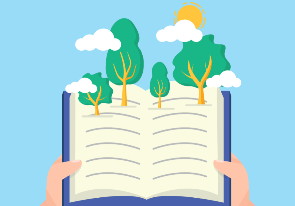 Illustration of a book with trees and clouds