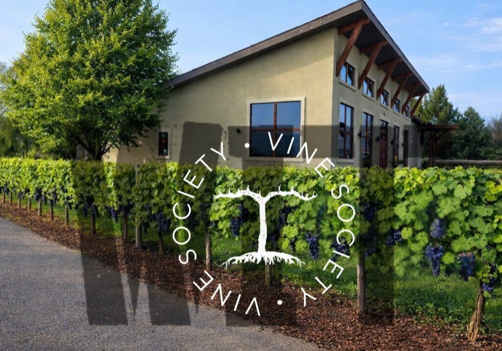 Modern winery building with vineyard and logo