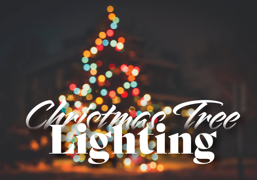 Blurred Christmas tree lights with festive holiday text