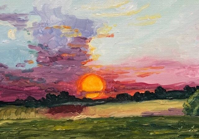 appointmentType-thumb-81386141 Vibrant sunset over a green field, oil painting.