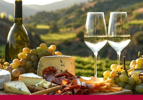 Wine, cheese, and grapes on a sunny vineyard table.