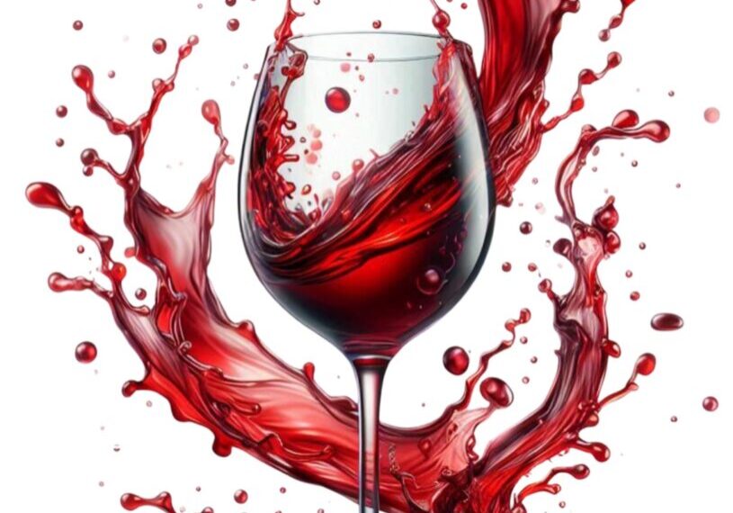 Red wine splashing in clear glass