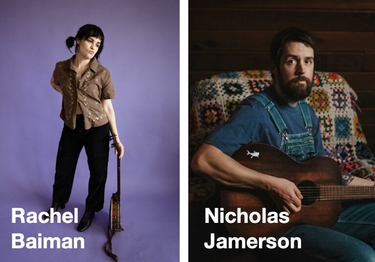 Individuals with instrument and guitar indoors.