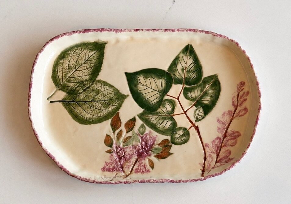 Rectangular ceramic tray with hand-painted botanical leaves