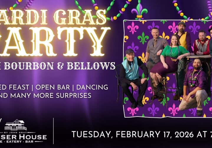 Mardi Gras party invitation with date and venue.