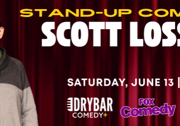 Stand-up comedian Scott Losse on red curtain stage
