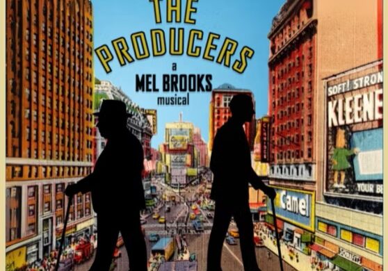 The Producers musical poster with city skyline silhouettes