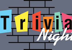 Colorful Trivia Night sign with brick background.