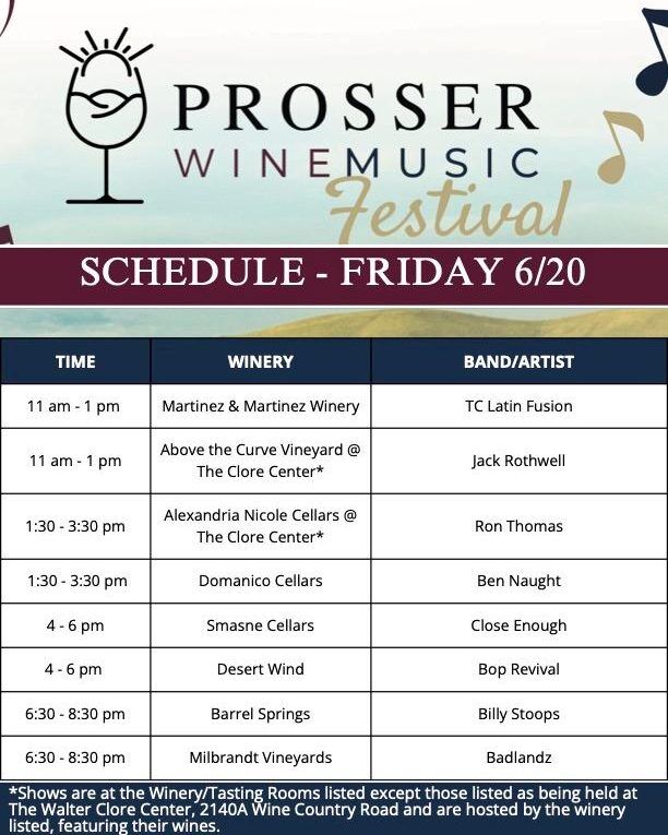 Prosser Wine Music Festival Schedule! 19 Bands at 19 Wineries. 
June 20 - 22 enjoy a weekend of fun jams and great wine! 

#prosserwinemusicfestival #tourprosser #yakimavalleywine #wawine #prosserwine